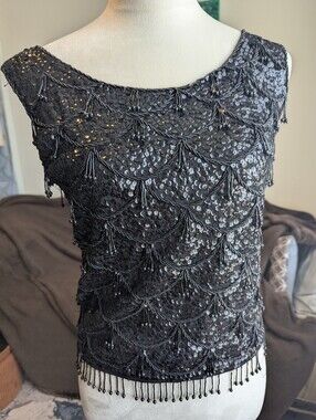 Sequin & Bead Detail - Metallic BLACK TOP
